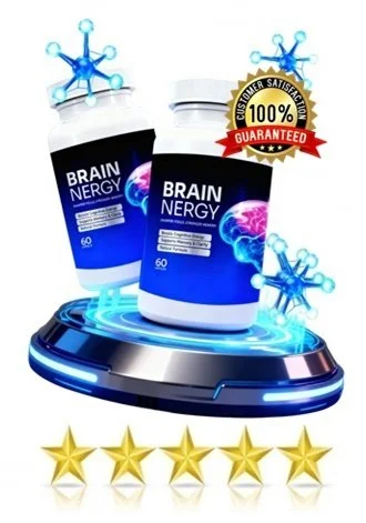 Brainergy brain supplement — two bottles on glowing platform with 100% satisfaction guaranteed seal